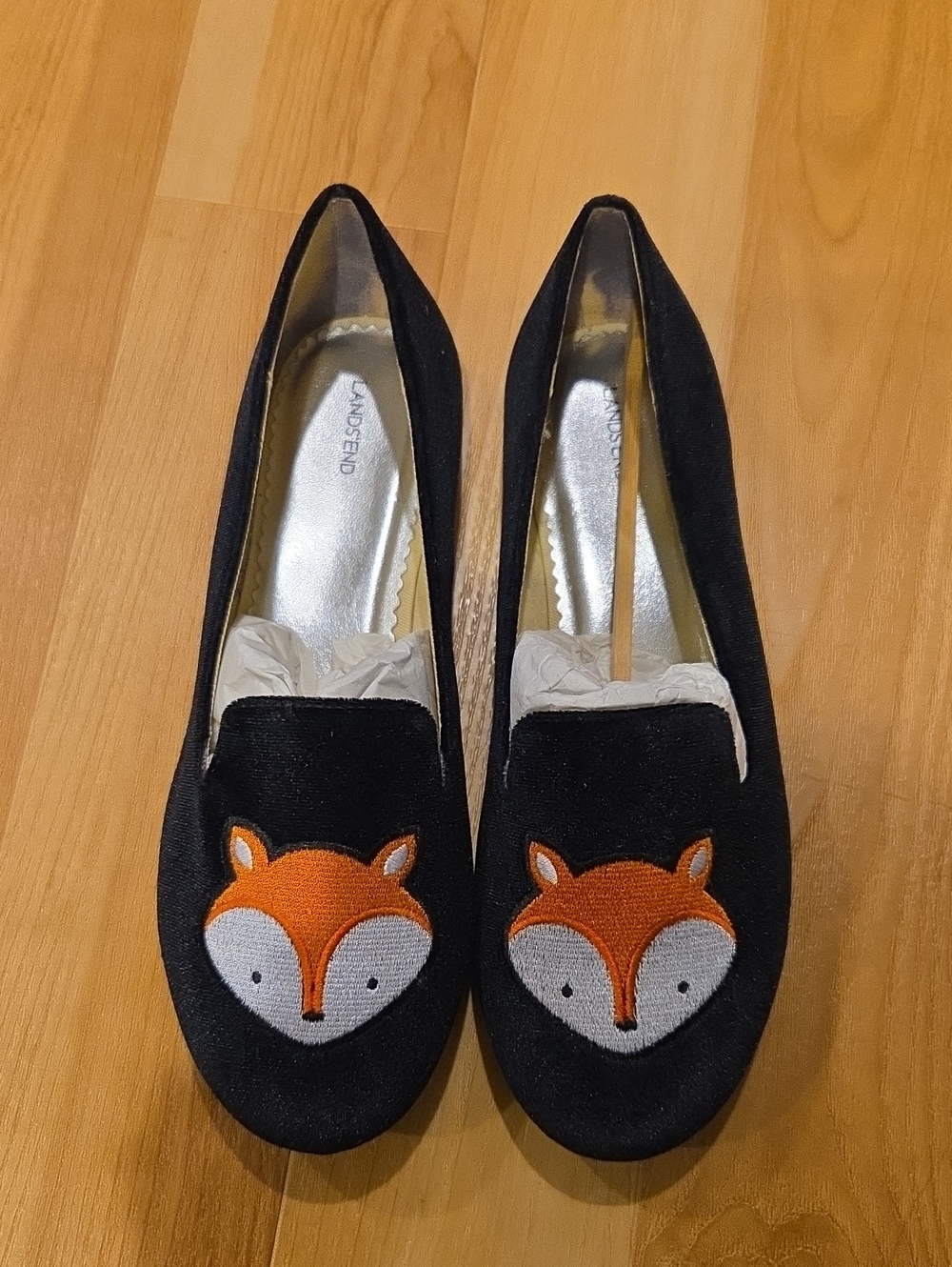 Lands' End Black Velvet Loafers with Orange and Cream Fox Motif